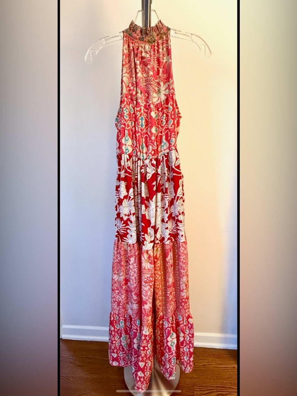 NWT Karma Highway Red Floral Tiered Maxi Dress with tie fringe accent One Size